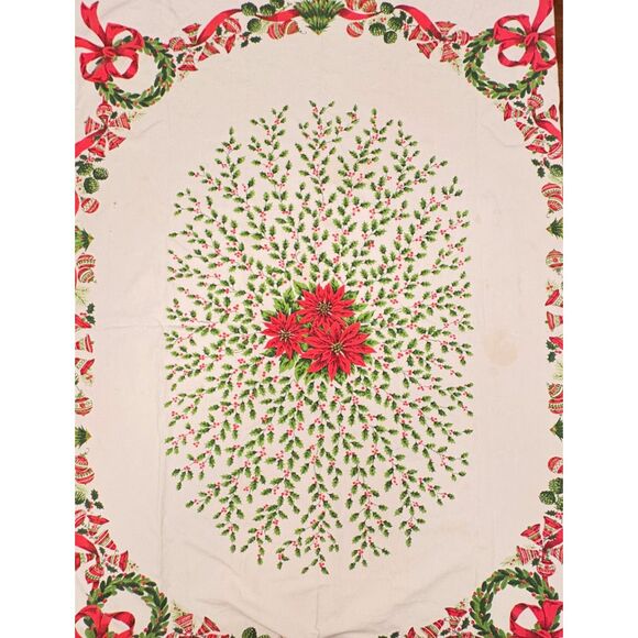 Vintage Christmas Printed Tablecloth Poinsettias Wreaths AS IS - Picture 2 of 7